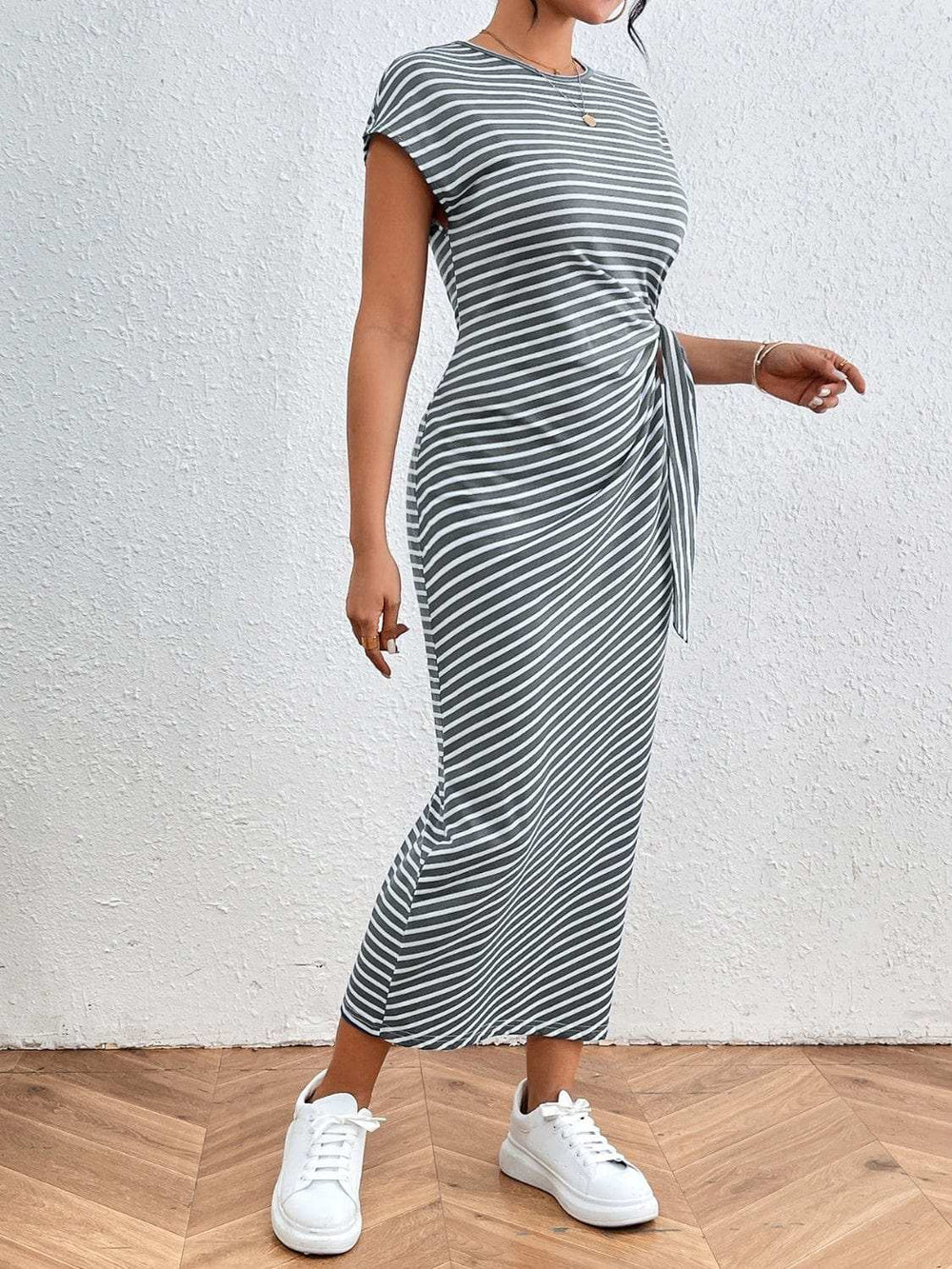 Tied Striped Round Neck Short Sleeve Tee Dress - Trendsi - Flyclothing LLC