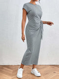 Tied Striped Round Neck Short Sleeve Tee Dress - Trendsi - Flyclothing LLC