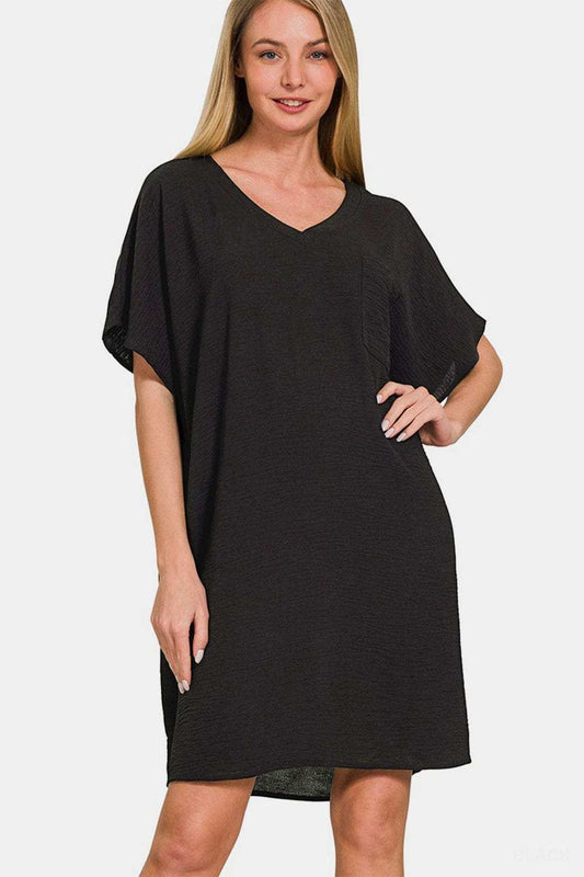 Zenana V-Neck Tee Dress with Pockets - Trendsi - Flyclothing LLC