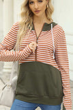 Drawstring Stripe Half Zip Long Sleeve Hoodie - Trendsi - Flyclothing LLC