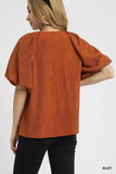 Umgee Textured Flutter Sleeve Notch Neck Top - Trendsi - Flyclothing LLC