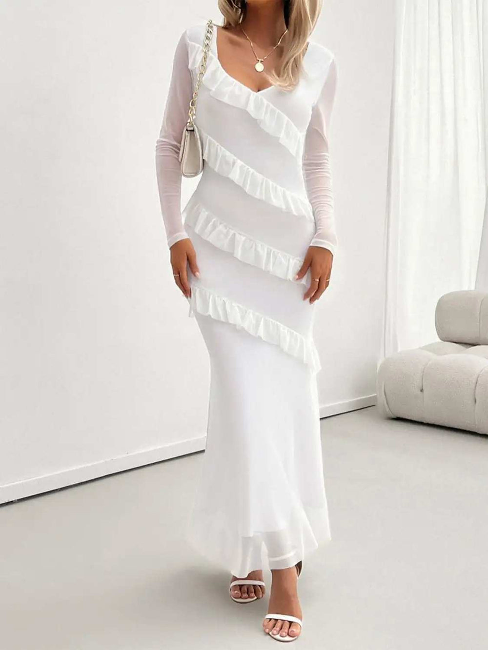 Devine Ruffled Surplice Long Sleeve Maxi Dress - Trendsi - Flyclothing LLC