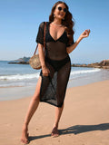 Slit Openwork Johnny Collar Short Sleeve Cover-Up - Trendsi - Flyclothing LLC