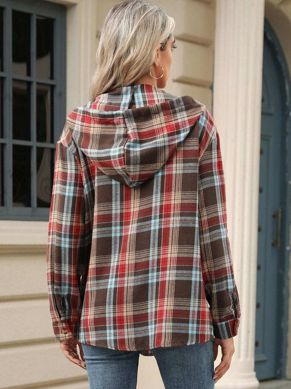 Drawstring Plaid Hooded Long Sleeve Top - Trendsi - Flyclothing LLC