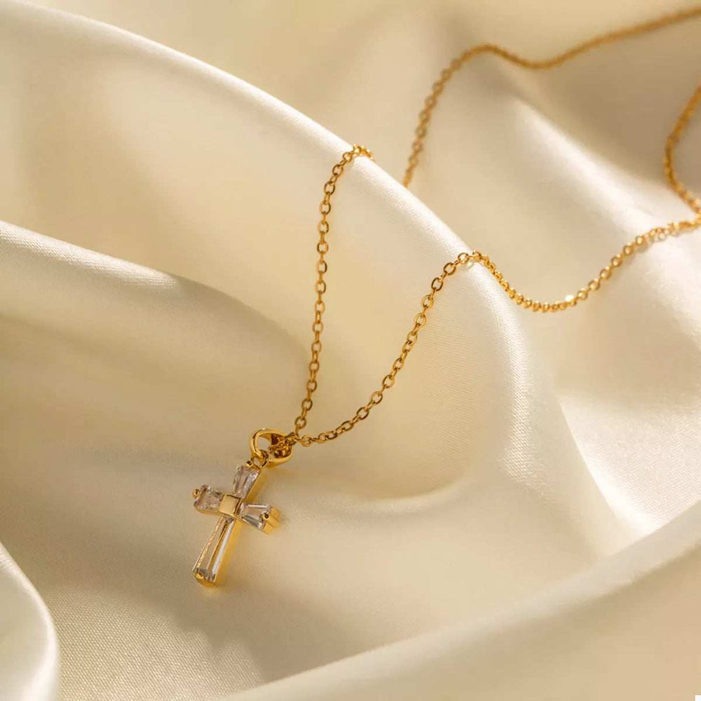 18K Gold-Plated Stainless Steel Zircon Cross Necklace - Trendsi - Flyclothing LLC