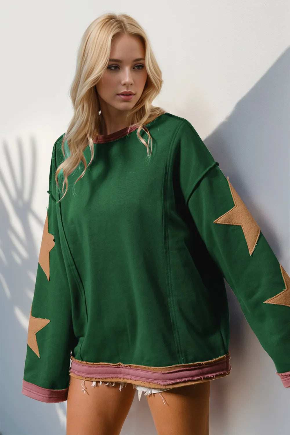 Double Take Star Patched Long Sleeve Sweatshirt - Trendsi - Flyclothing LLC