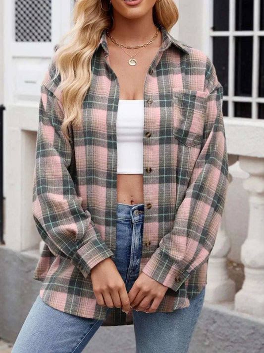 Plaid Collared Neck Long Sleeve Shirt - Trendsi - Flyclothing LLC