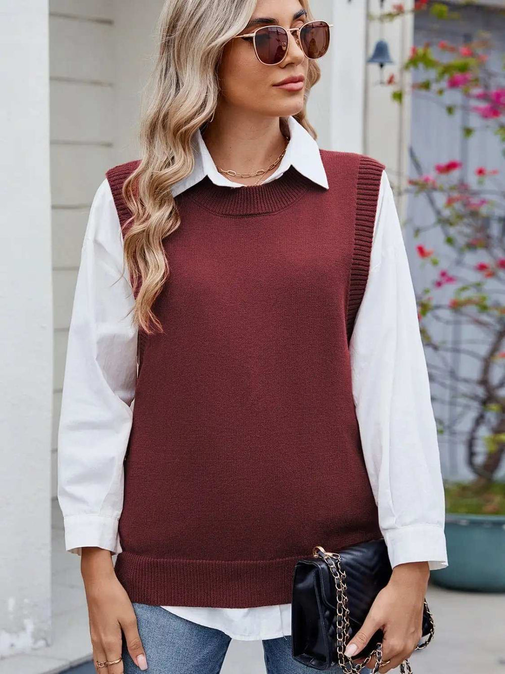 Buttoned Round Neck Sweater Vest - Trendsi - Flyclothing LLC