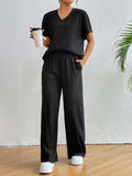 V-Neck Short Sleeve Top and Pants Set - Trendsi - Flyclothing LLC
