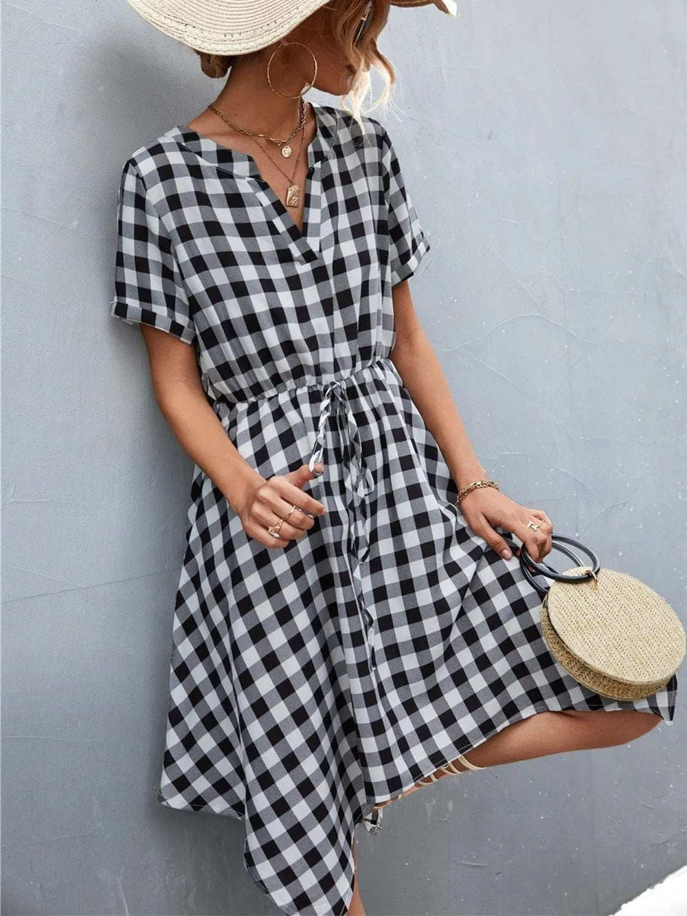 Plaid Notched Short Sleeve Dress - Trendsi - Flyclothing LLC