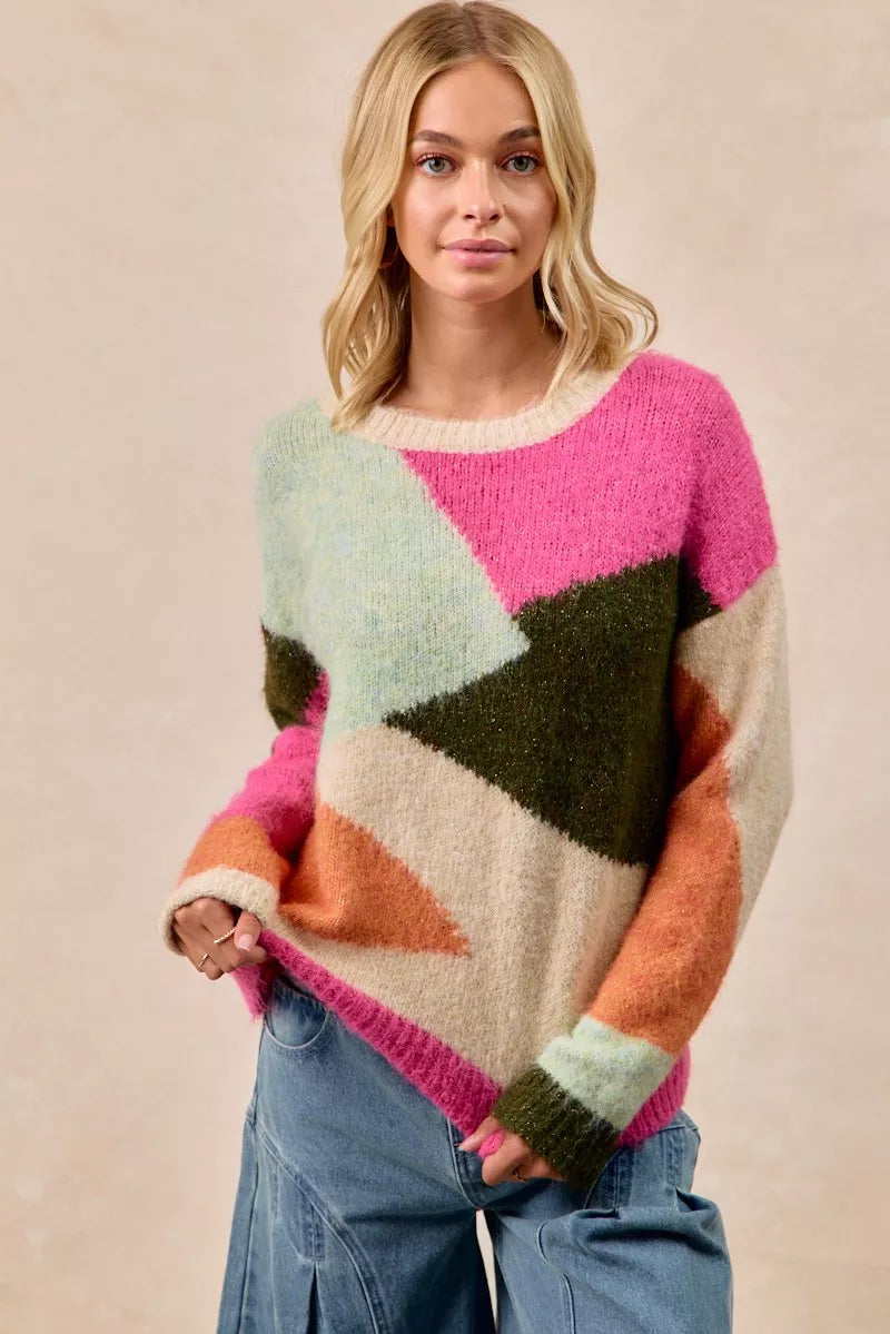 BiBi Multi Color Block Sweater Top - Trendsi - Flyclothing LLC