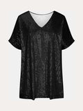 Full Size Sequin V-Neck Short Sleeve Top - Trendsi - Flyclothing LLC