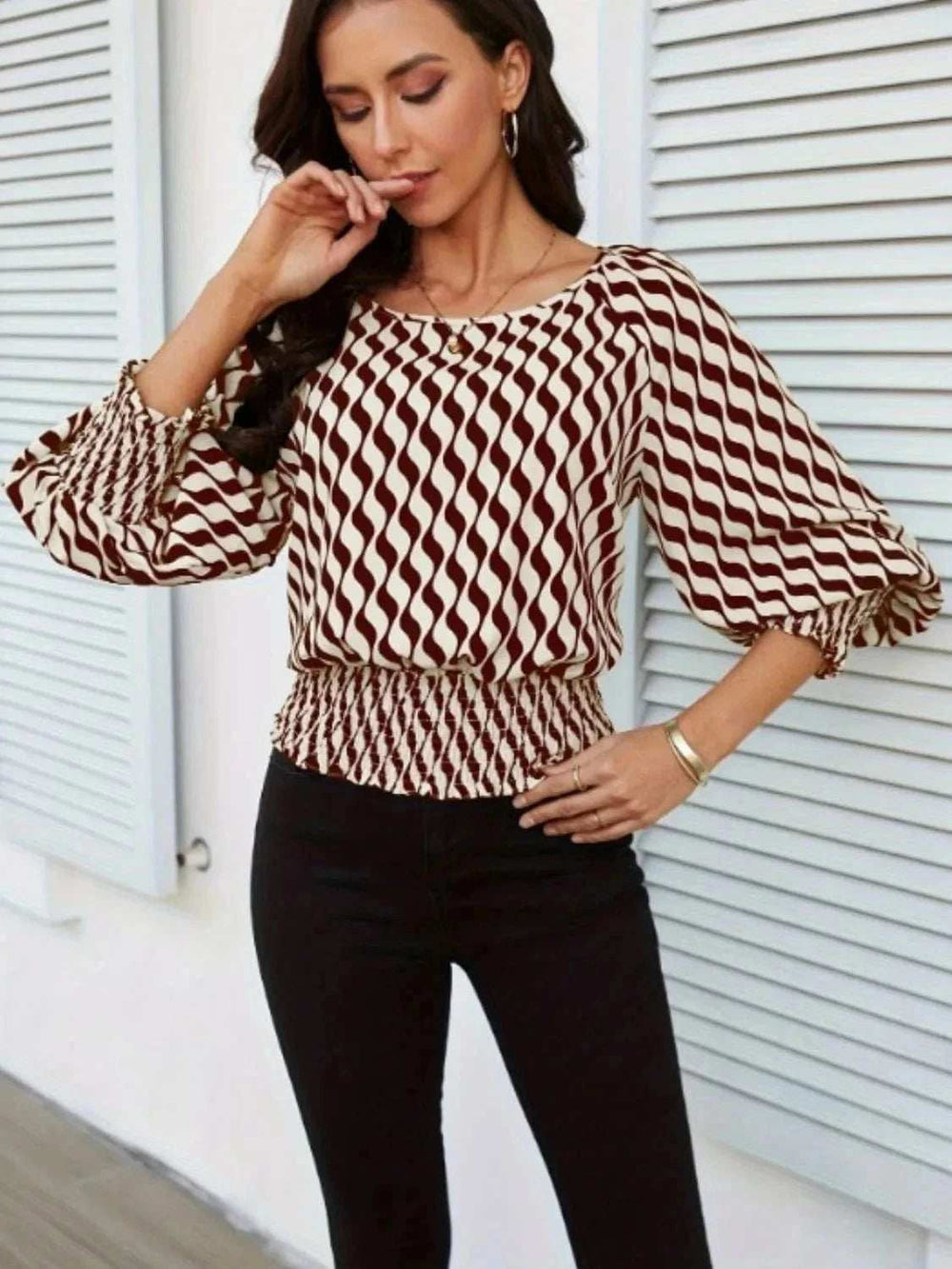 Geometric Print Lantern Sleeve Smocked Waist Blouse - Trendsi - Flyclothing LLC