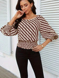 Geometric Print Lantern Sleeve Smocked Waist Blouse - Trendsi - Flyclothing LLC