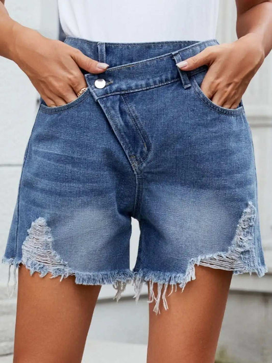 Distressed Raw Hem Asymmetric Waist Denim Shorts - Trendsi - Flyclothing LLC