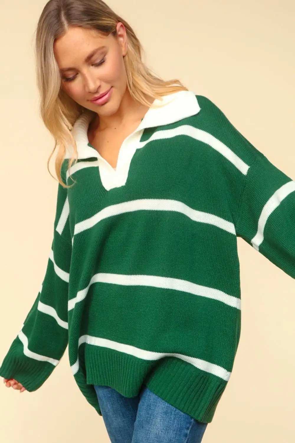 Haptics Collared Neck Striped Contrast Sweater - Trendsi - Flyclothing LLC