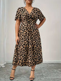 Plus Size Twisted Front Leopard Short Sleeve Dress - Trendsi - Flyclothing LLC