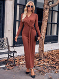 Slit Twisted Surplice Long Sleeve Dress - Trendsi - Flyclothing LLC