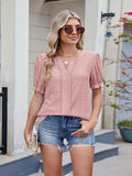 Eyelet Notched Short Sleeve Top - Trendsi - Flyclothing LLC