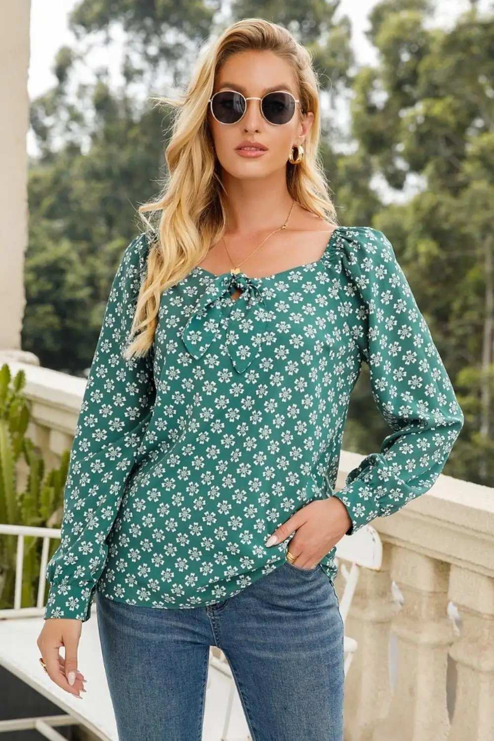 Floral Tied Printed Long Sleeve Blouse - Trendsi - Flyclothing LLC