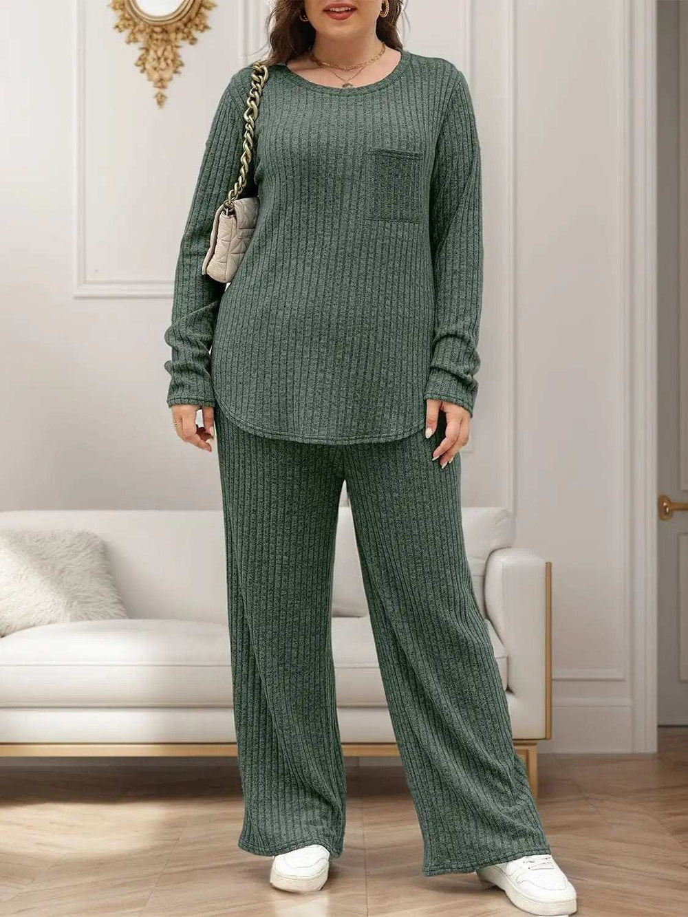Round Neck Long Sleeve Top and Pants Set - Trendsi - Flyclothing LLC