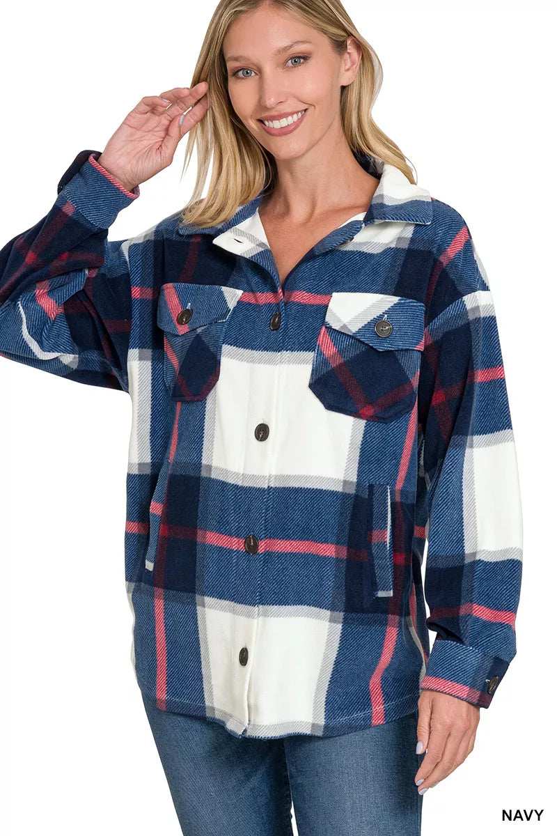 Zenana Oversized Plaid Fleece Shacket - Trendsi - Flyclothing LLC