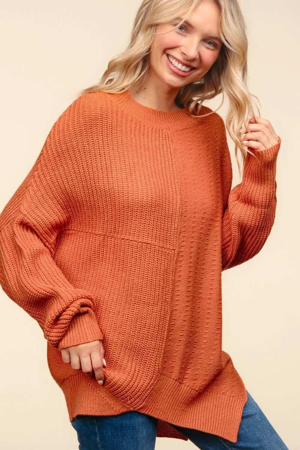 Haptics Full Size Side Slit Texture Asymmetric Sweater - Trendsi - Flyclothing LLC