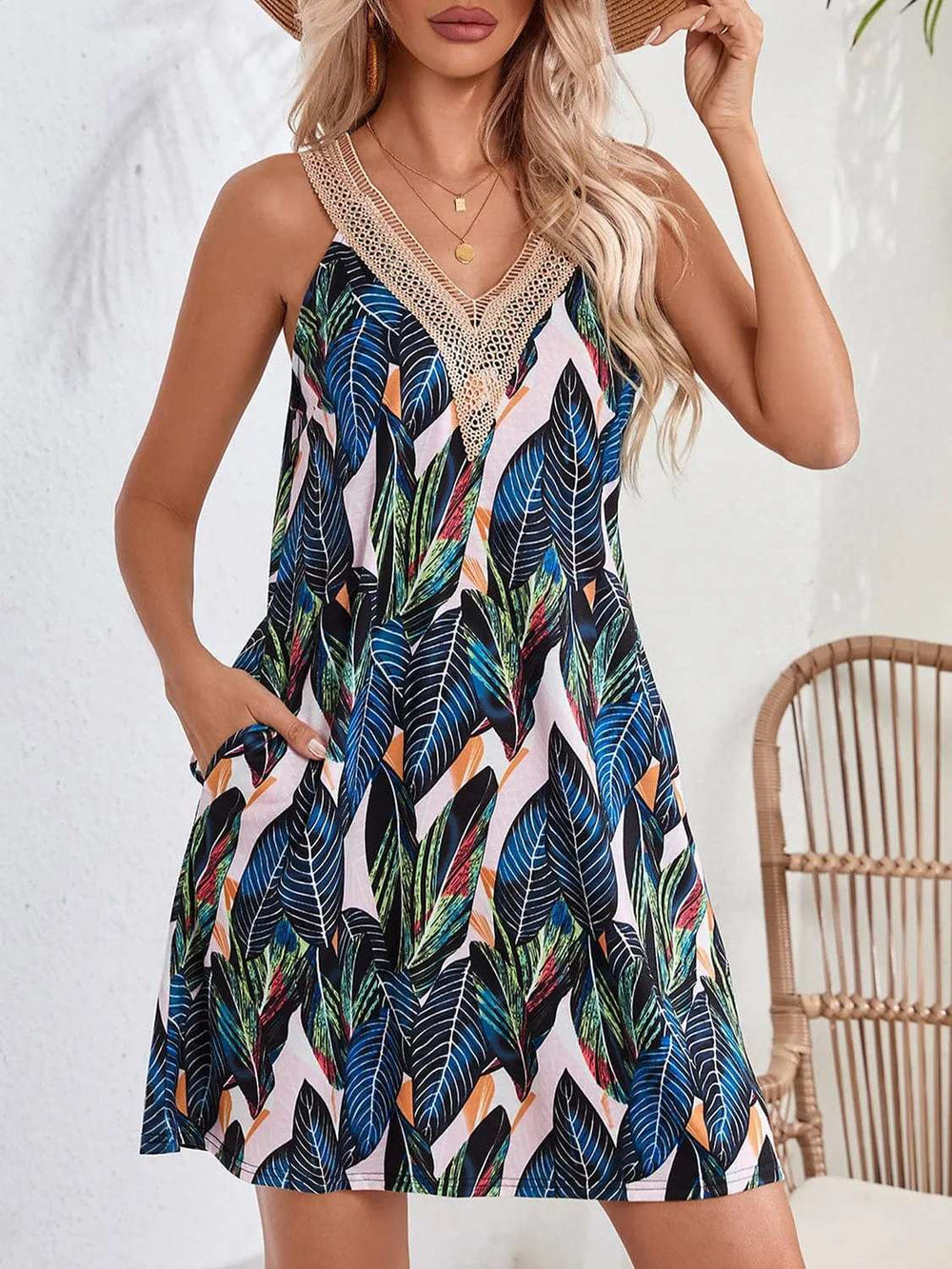 Lace Detail Printed V-Neck Sleeveless Dress - Trendsi - Flyclothing LLC