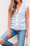 Stripe V Neck Gold Buttons Elegant Sweater Vest - Trendsi - Flyclothing LLC