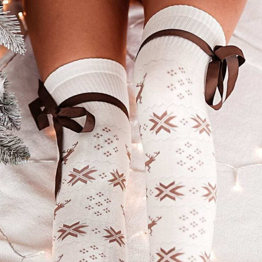 Christmas Element Bowknot Ribbed Trim Over Knee Stockings - Trendsi - Flyclothing LLC