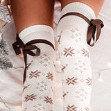 Christmas Element Bowknot Ribbed Trim Over Knee Stockings - Trendsi - Flyclothing LLC