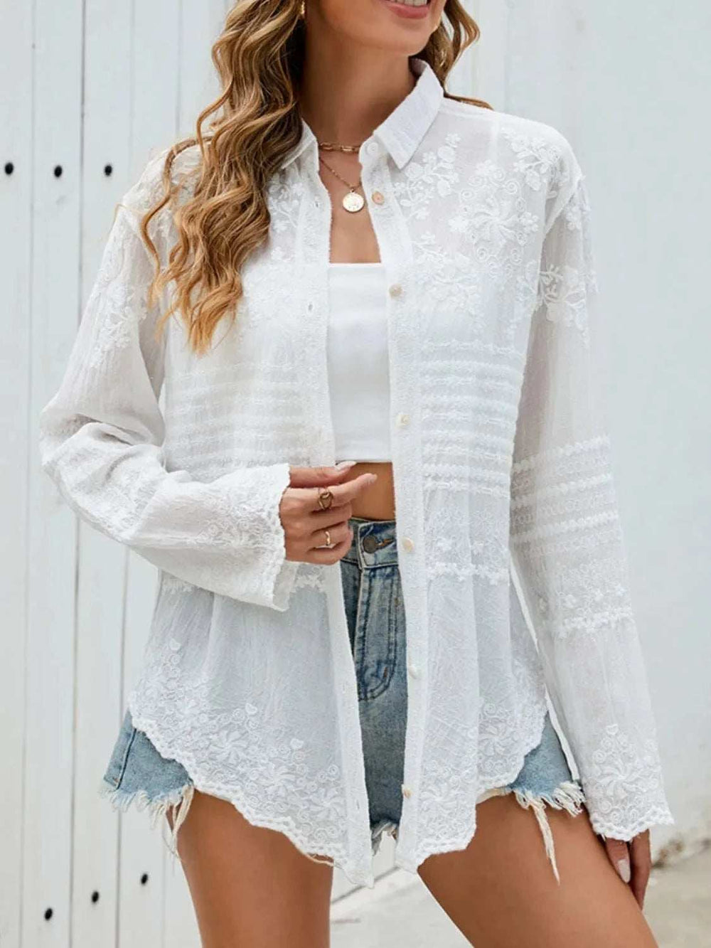 Button Down Collared Neck Long Sleeve Shirt - Trendsi - Flyclothing LLC