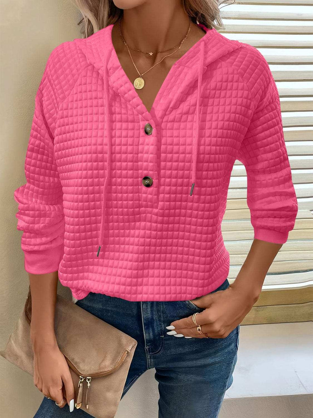 Full Size Texture Button Detail Drawstring Long Sleeve Hoodie - Trendsi - Flyclothing LLC