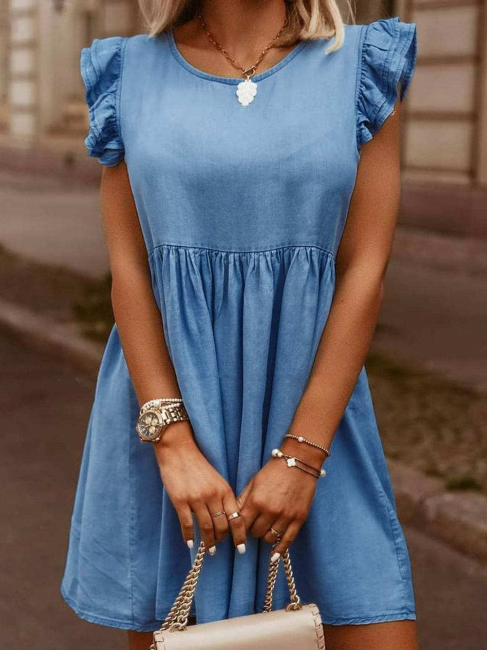 Full Size Ruffled Round Neck Cap Sleeve Denim Dress - Trendsi - Flyclothing LLC