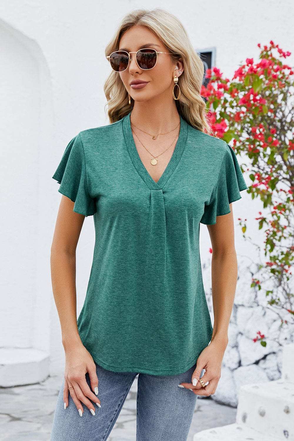 V-Neck Flutter Sleeve T-Shirt - Trendsi - Flyclothing LLC