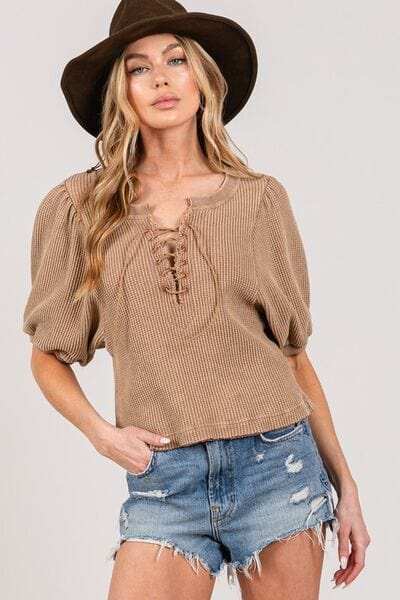 SAGE+FIG Lace-Up Waffle Knit Crop Top - Trendsi - Flyclothing LLC