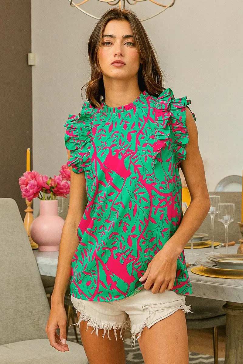 BiBi Leopard Leaves Print Woven Top - Trendsi - Flyclothing LLC