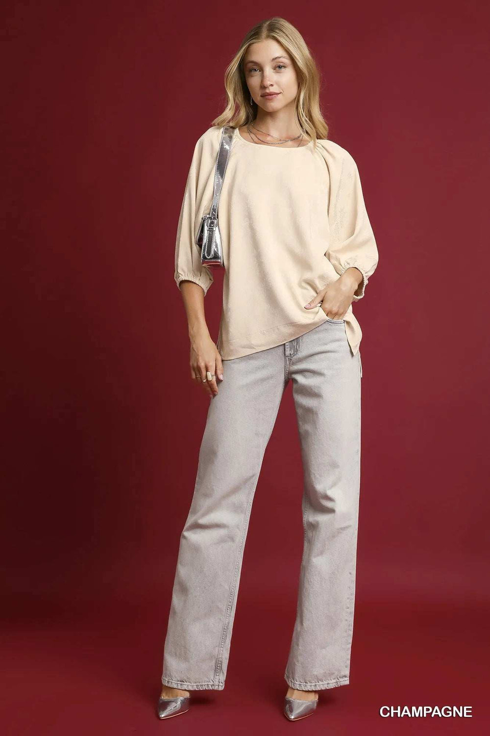 Umgee Satin Jacquard Balloon Sleeve Blouse - Trendsi - Flyclothing LLC