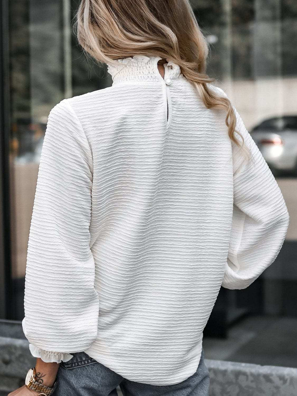 Smocked Frill Mock Neck Long Sleeve Blouse - Trendsi - Flyclothing LLC
