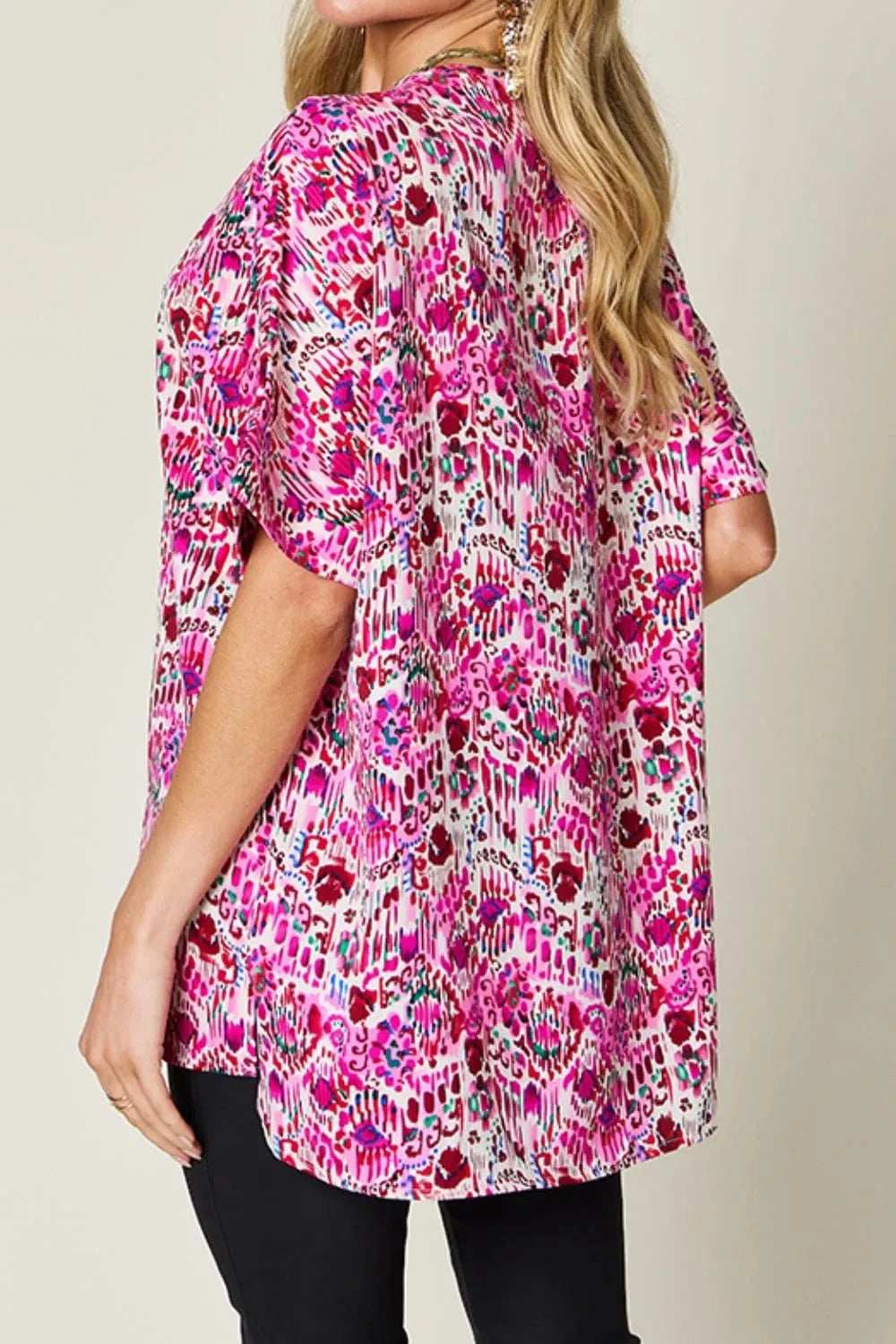 Double Take Full Size Printed V-Neck Short Sleeve Blouse - Trendsi - Flyclothing LLC