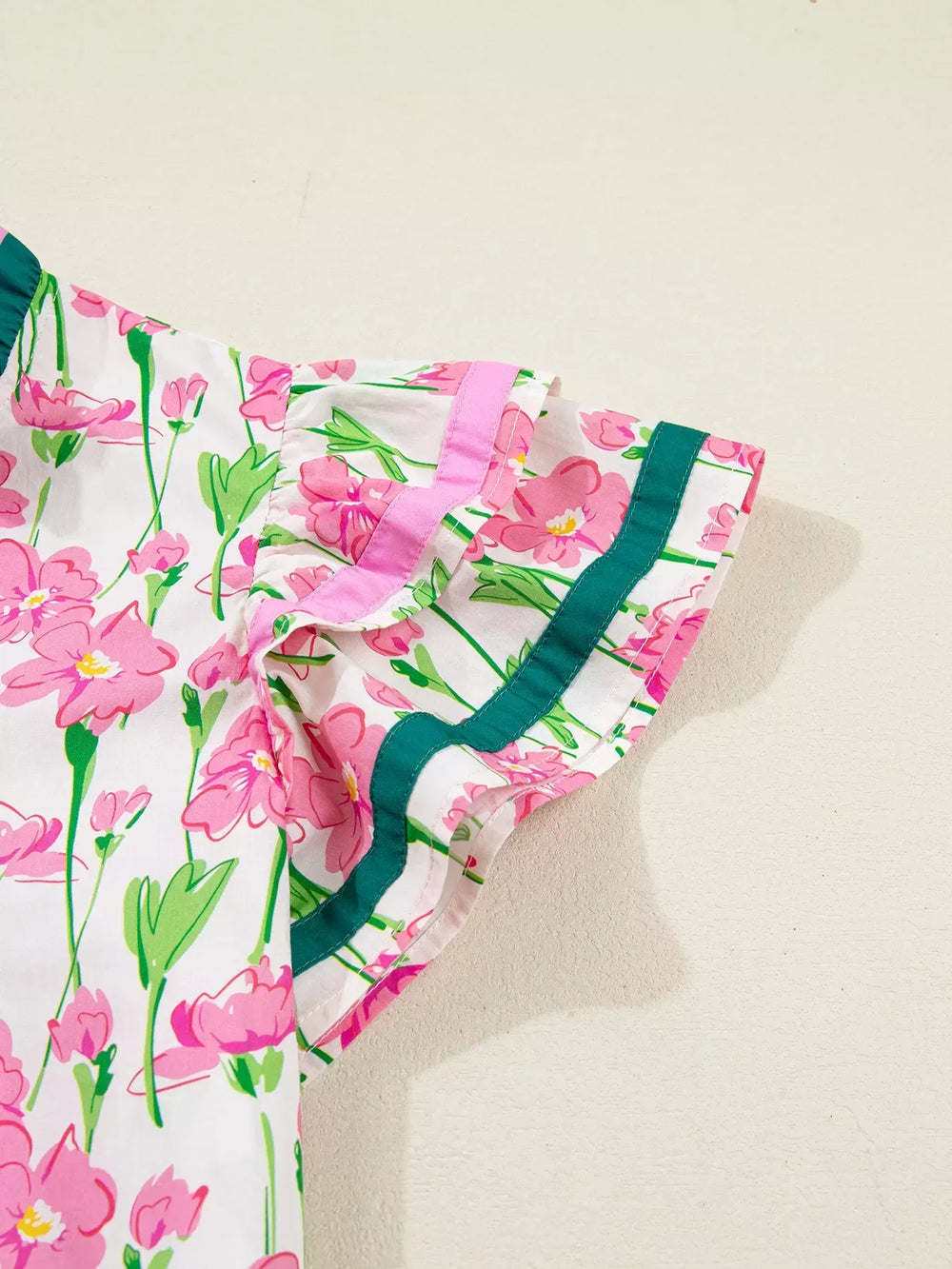 Floral Print Contrast Trim V Neck Double Ruffled Short Sleeve Blouse - Trendsi - Flyclothing LLC