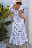 Smocked Printed Square Neck Puff Sleeve Dress - Trendsi - Flyclothing LLC