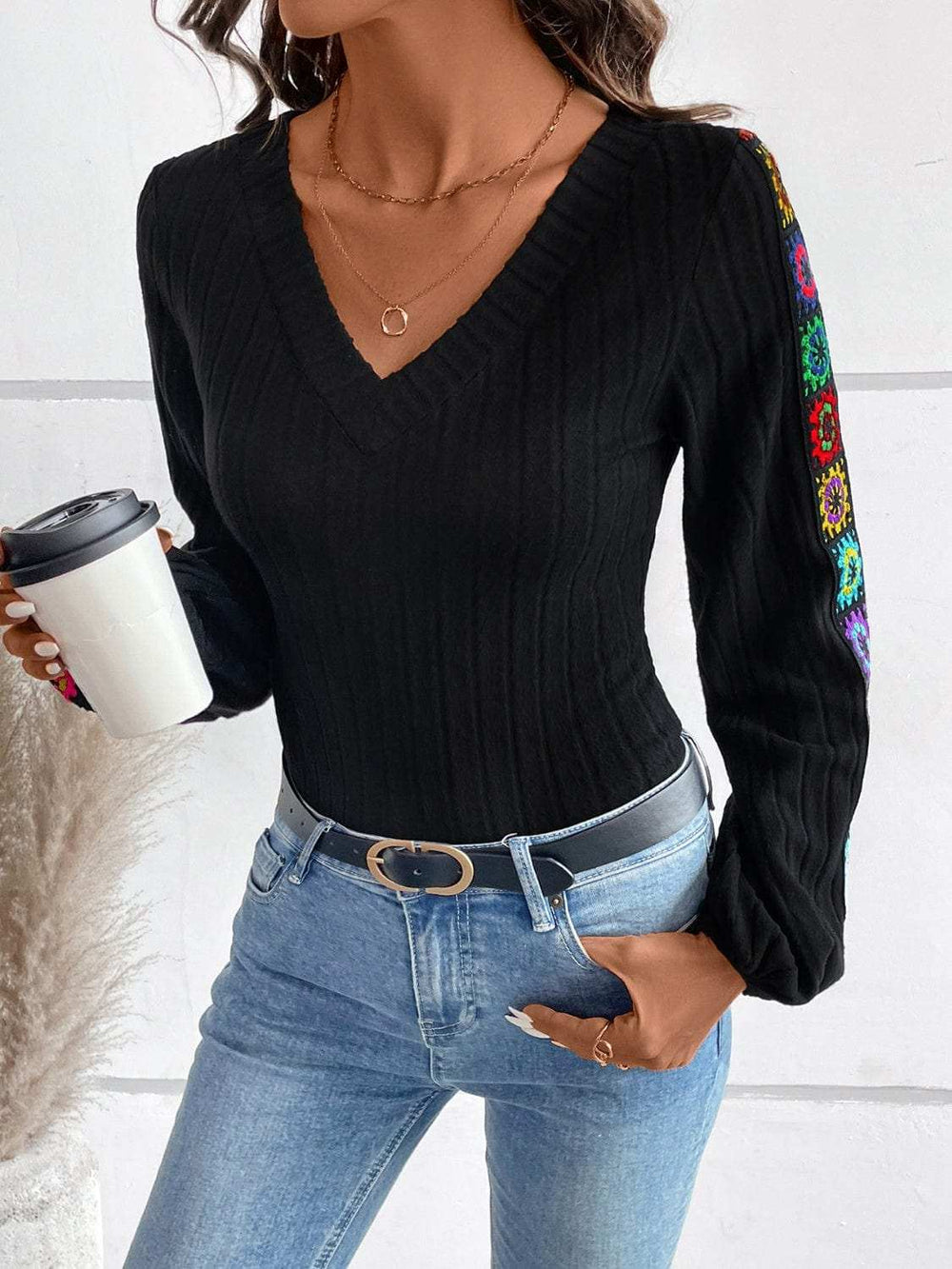 V-Neck Crochet Long Sleeve Top - Trendsi - Flyclothing LLC