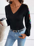 V-Neck Crochet Long Sleeve Top - Trendsi - Flyclothing LLC