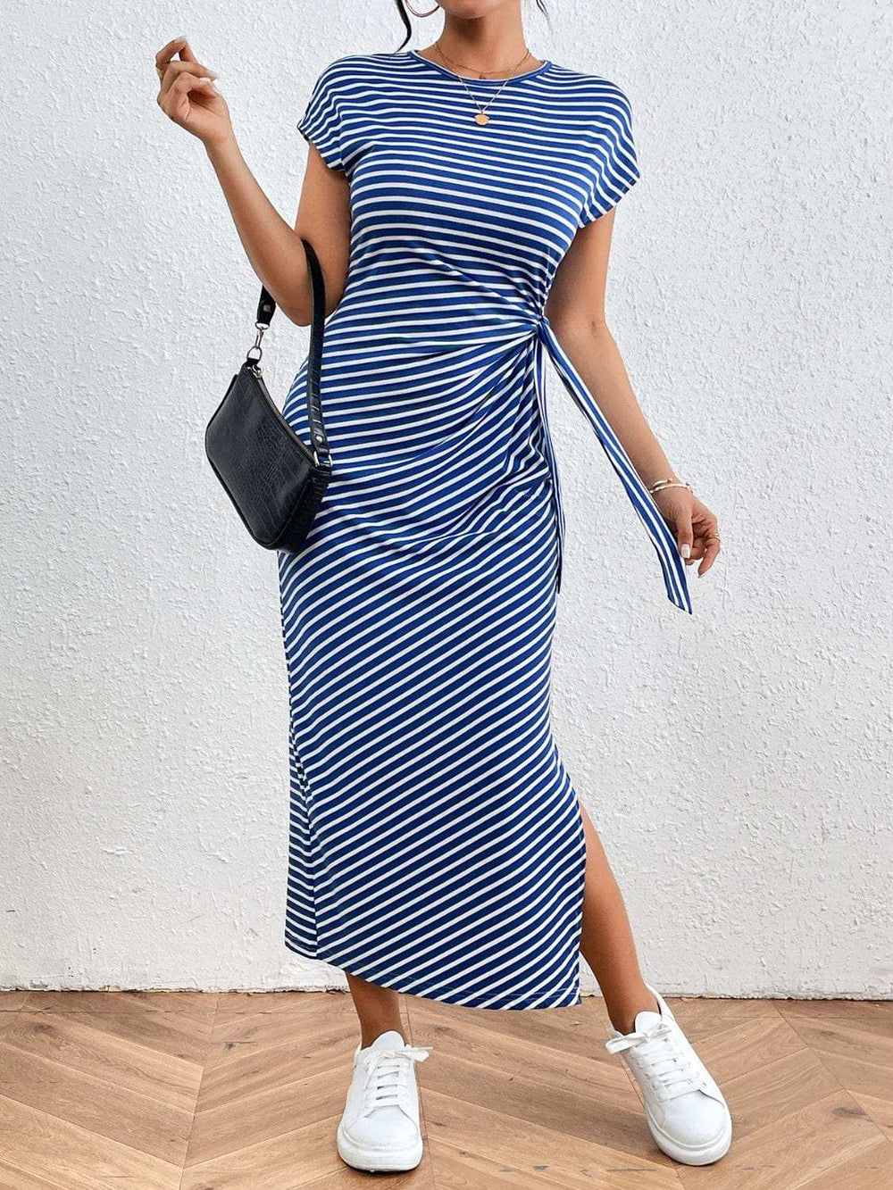 Tied Striped Round Neck Short Sleeve Tee Dress - Trendsi - Flyclothing LLC