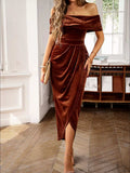Velvet Off-Shoulder Ruched Midi Dress - Trendsi - Flyclothing LLC