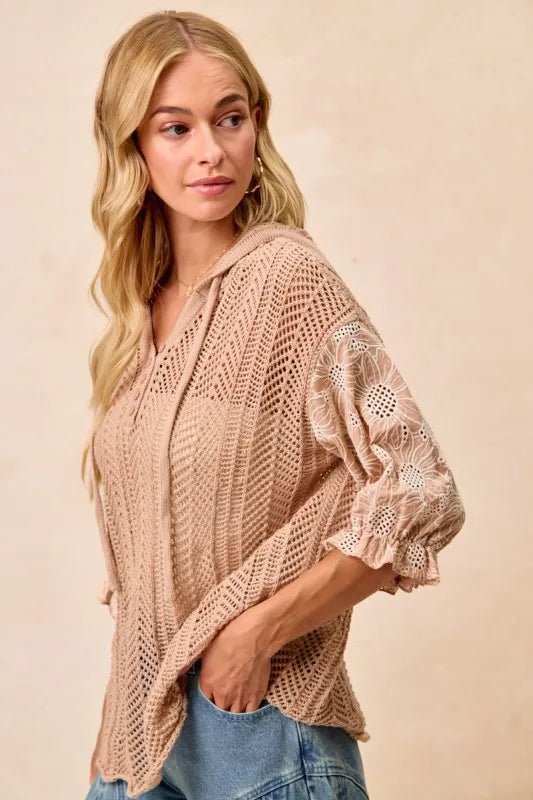 BiBi Jacquard Flower Puff Sleeve Hooded Knit Top - Trendsi - Flyclothing LLC