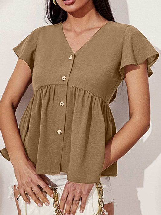 V-Neck Flutter Sleeve Blouse - Trendsi - Flyclothing LLC