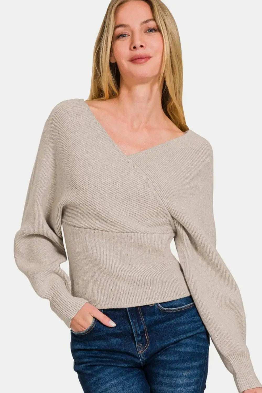 Zenana Cross Wrap Rib Long Sleeve Sweater - Trendsi - Flyclothing LLC