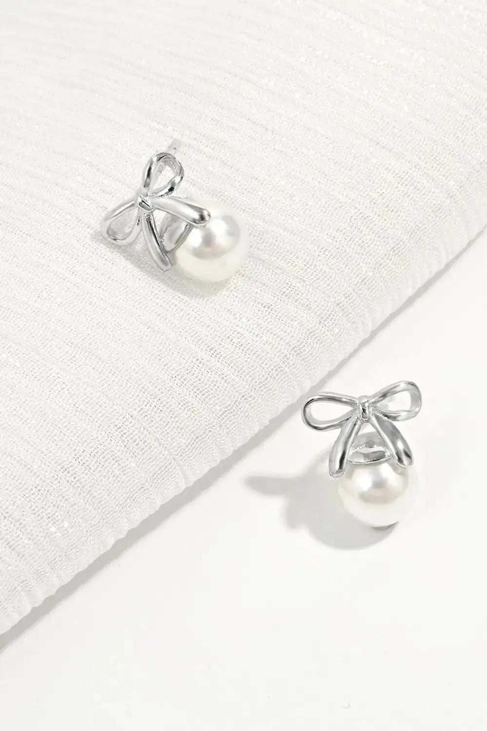 925 Sterling Silver Pearl Bow Earrings - Trendsi - Flyclothing LLC